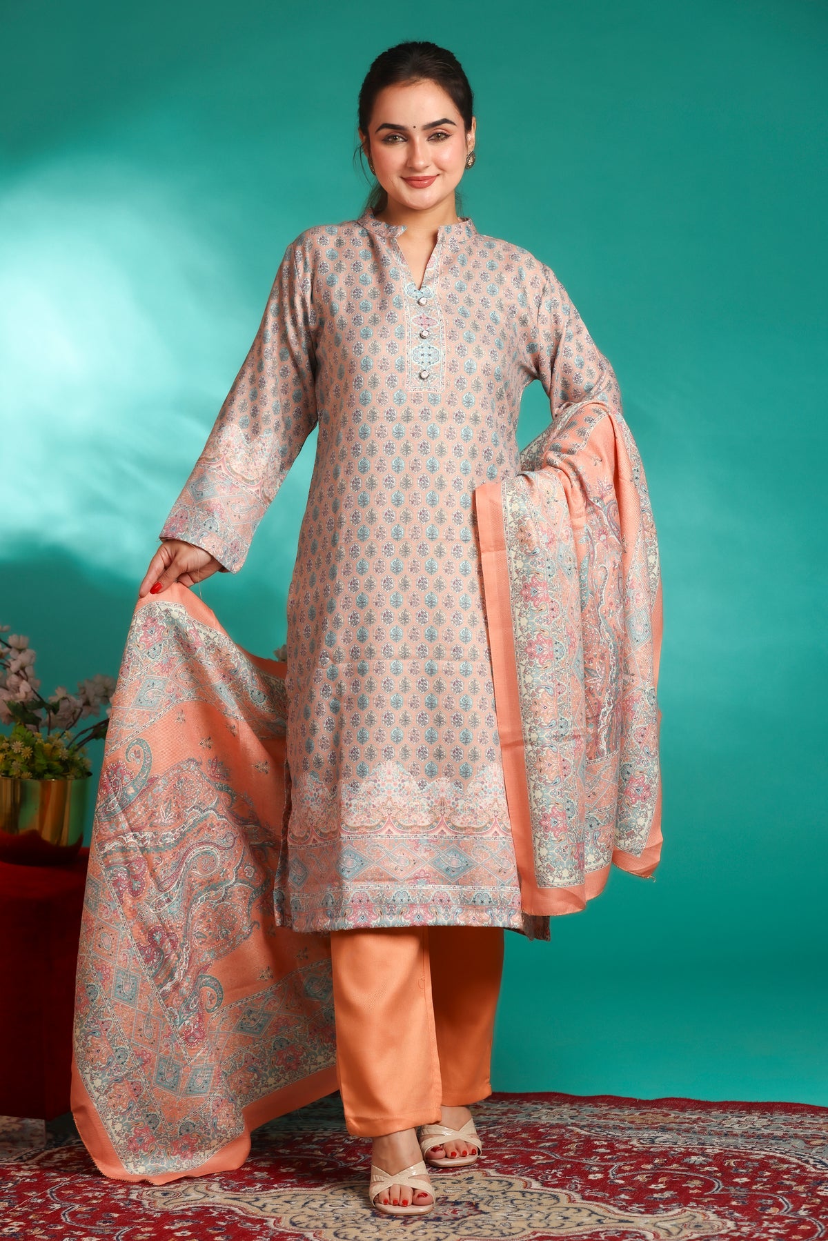 Designer Printed Winter Woolen stitched Suit- Orange
