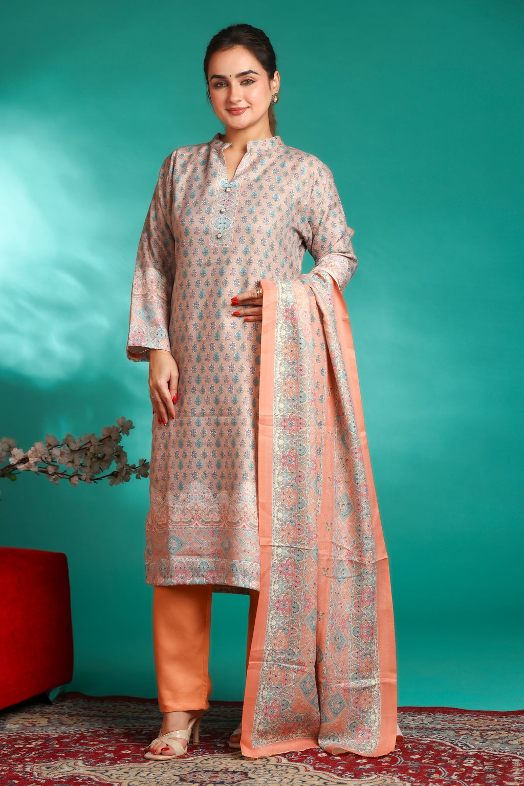 Designer Printed Winter Woolen stitched Suit- Orange