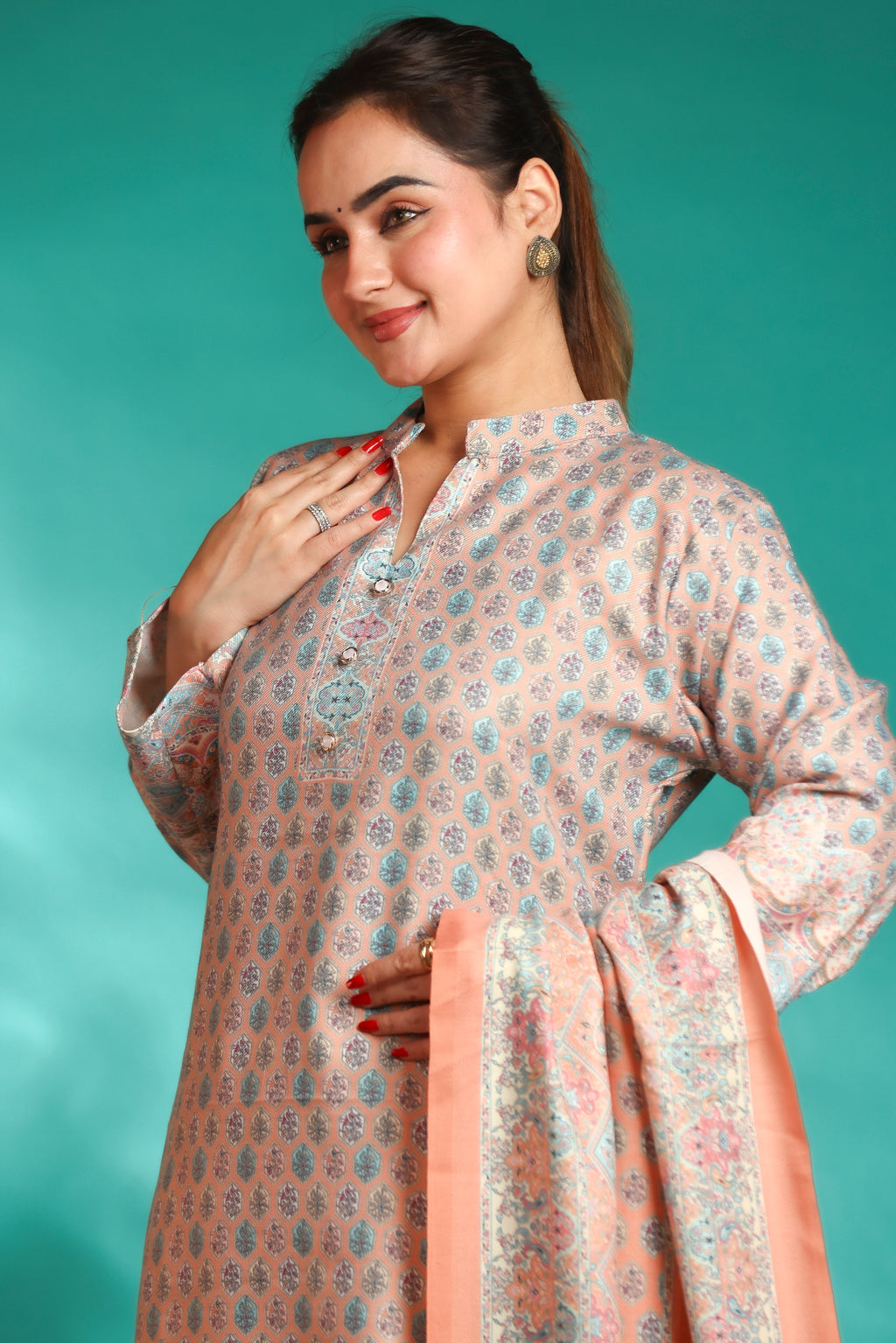 Designer Printed Winter Woolen stitched Suit- Orange