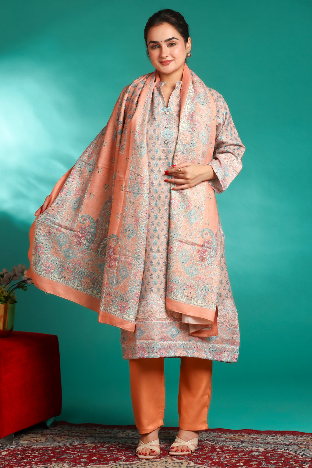 Designer Printed Winter Woolen stitched Suit- Orange
