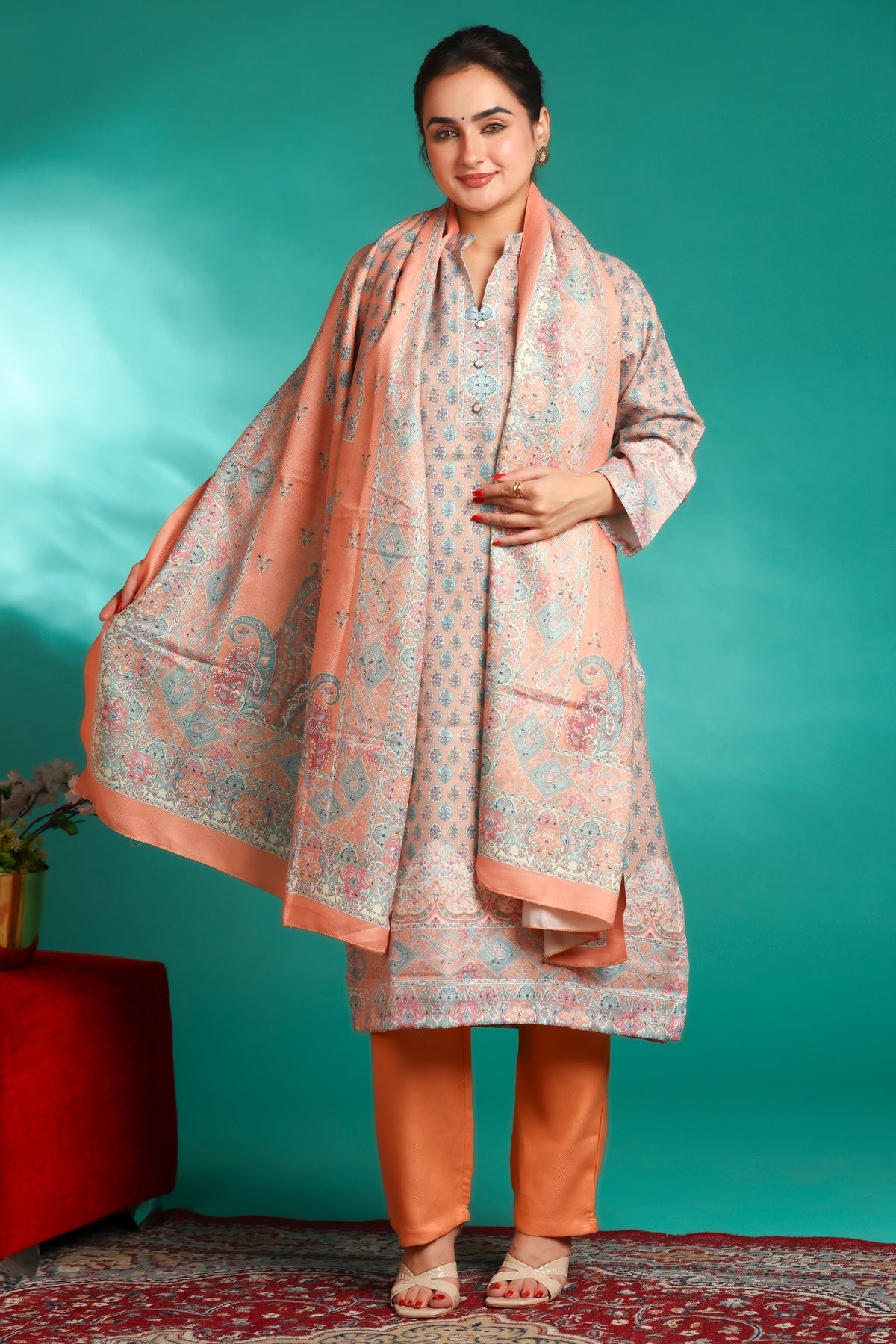 Designer Printed Winter Woolen stitched Suit- Orange