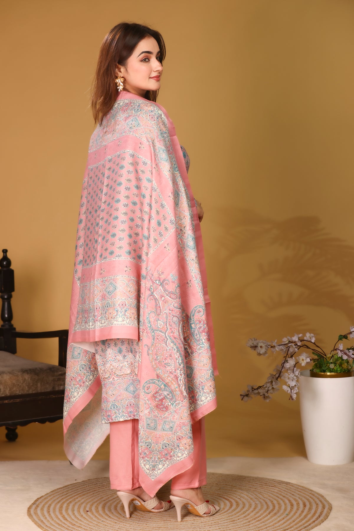 Designer Printed Winter Woolen stitched Suit- Peach