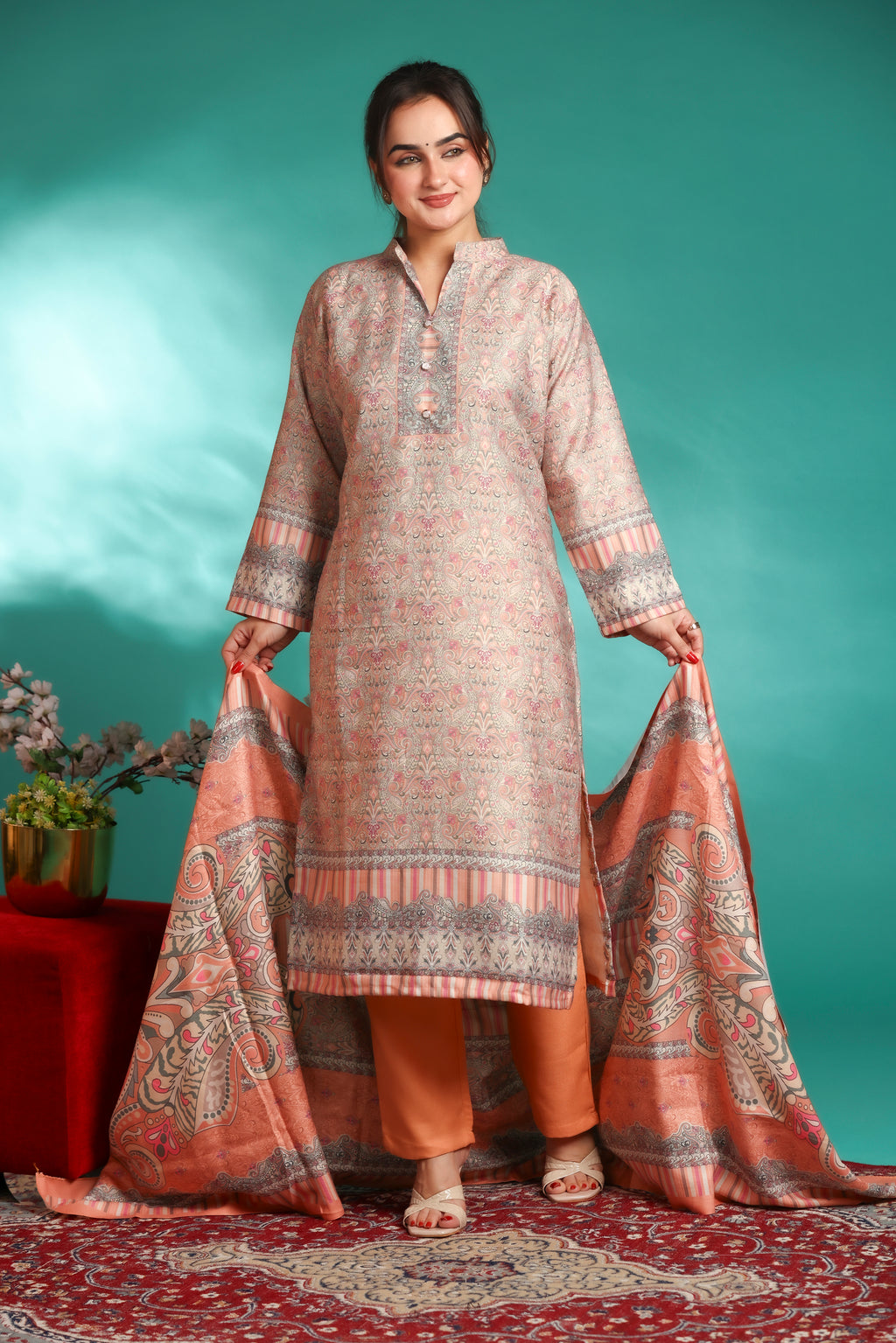 Designer Printed Winter Woolen stitched Suit- Peach