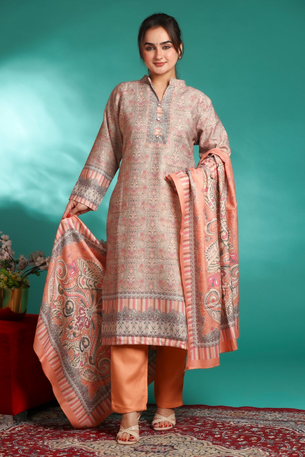 Designer Printed Winter Woolen stitched Suit- Peach