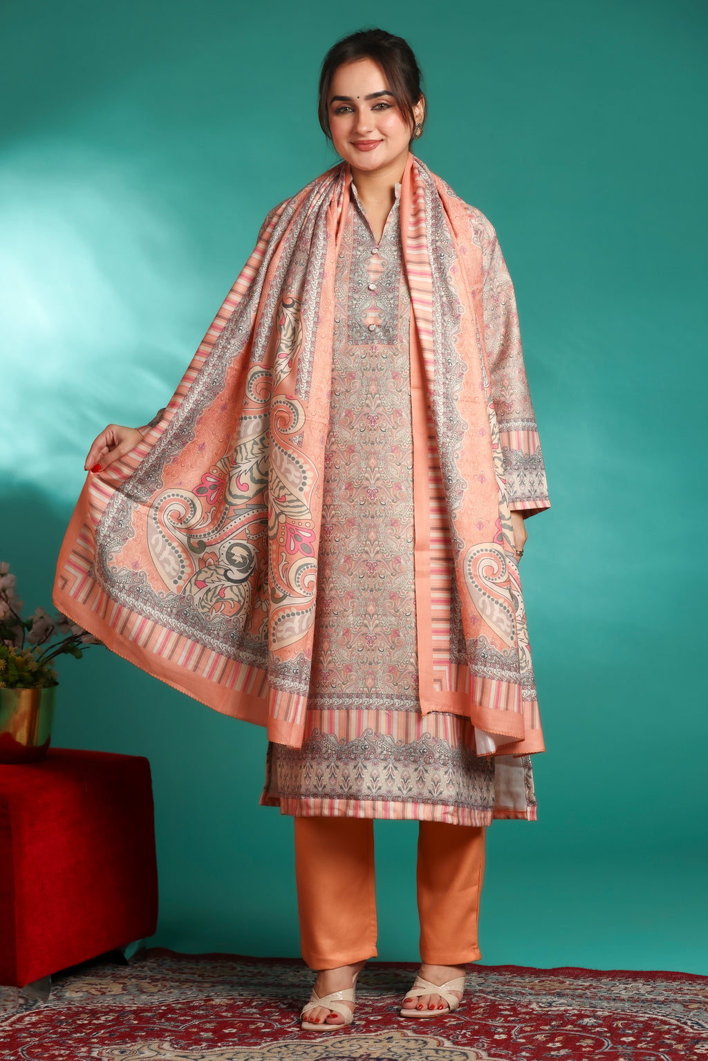 Designer Printed Winter Woolen stitched Suit- Peach