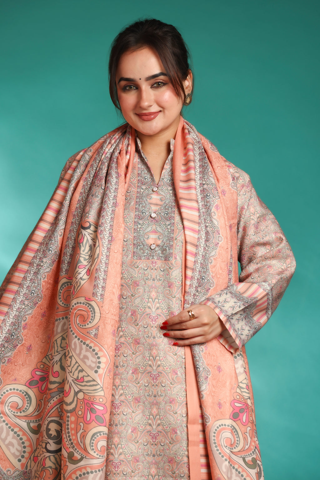 Designer Printed Winter Woolen stitched Suit- Peach