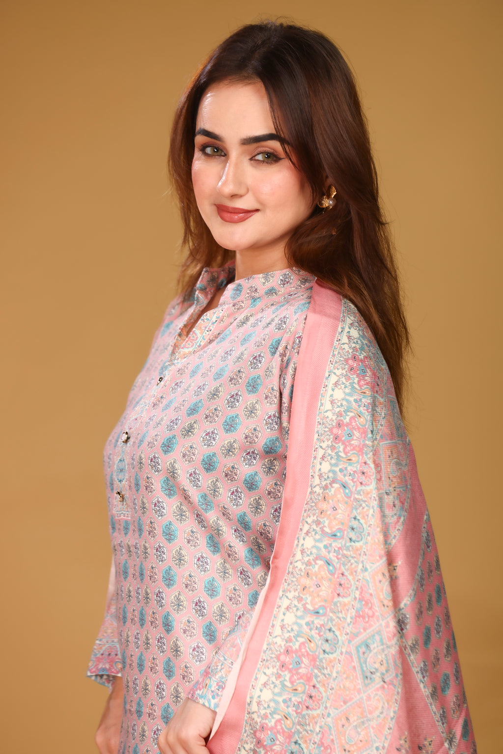 Designer Printed Winter Woolen stitched Suit- Peach