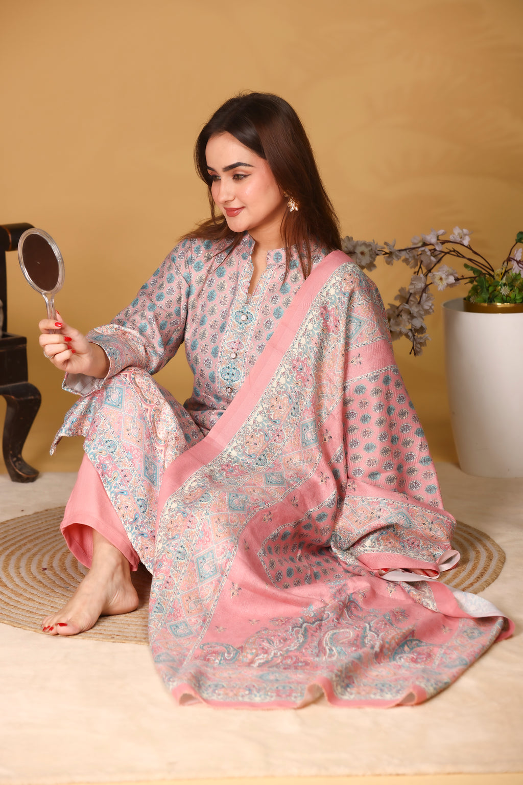 Designer Printed Winter Woolen stitched Suit- Peach
