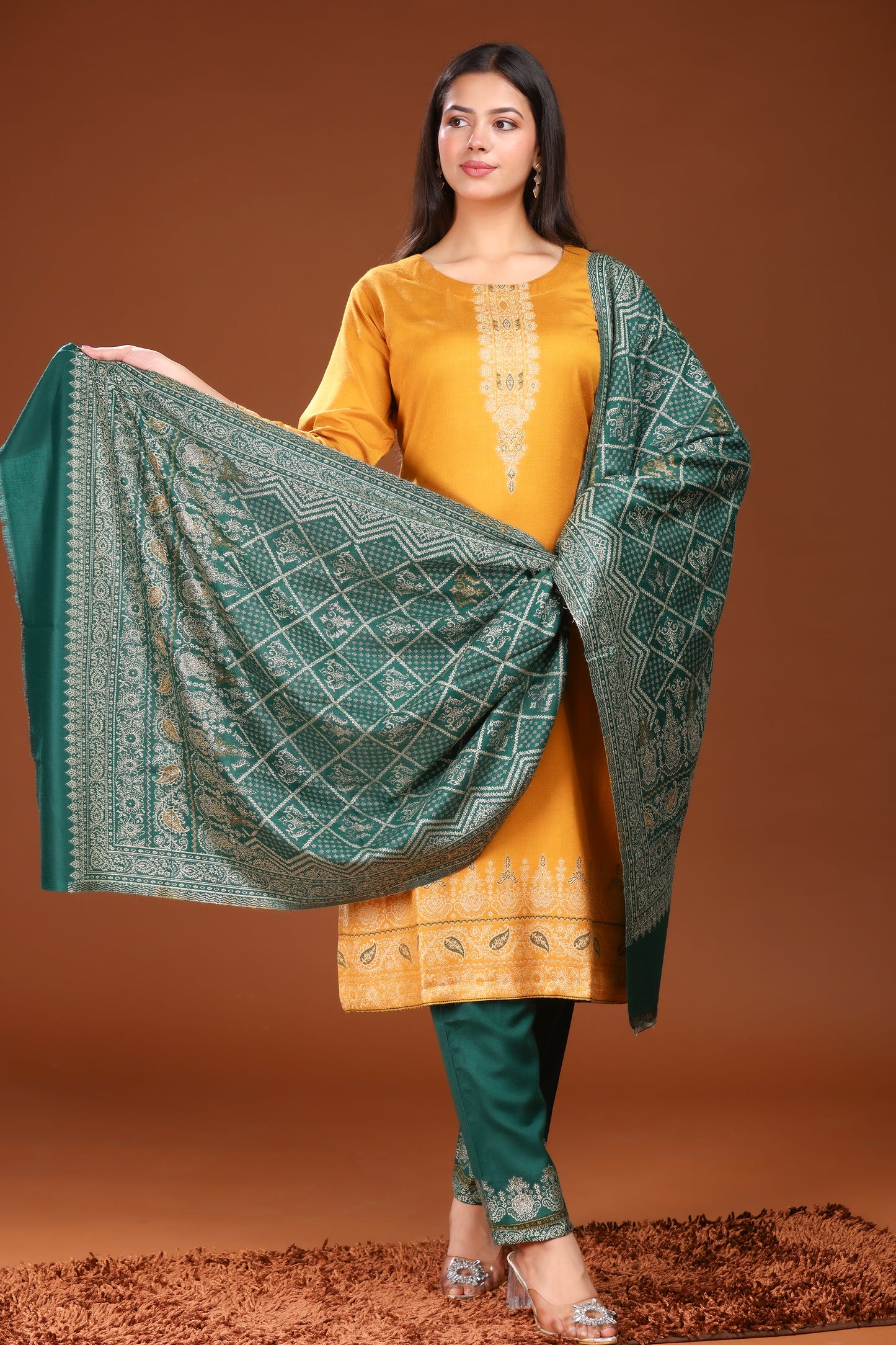 KRITI Woolen Unstitched Winter Suit Set Weave Design Mustard Color For Women