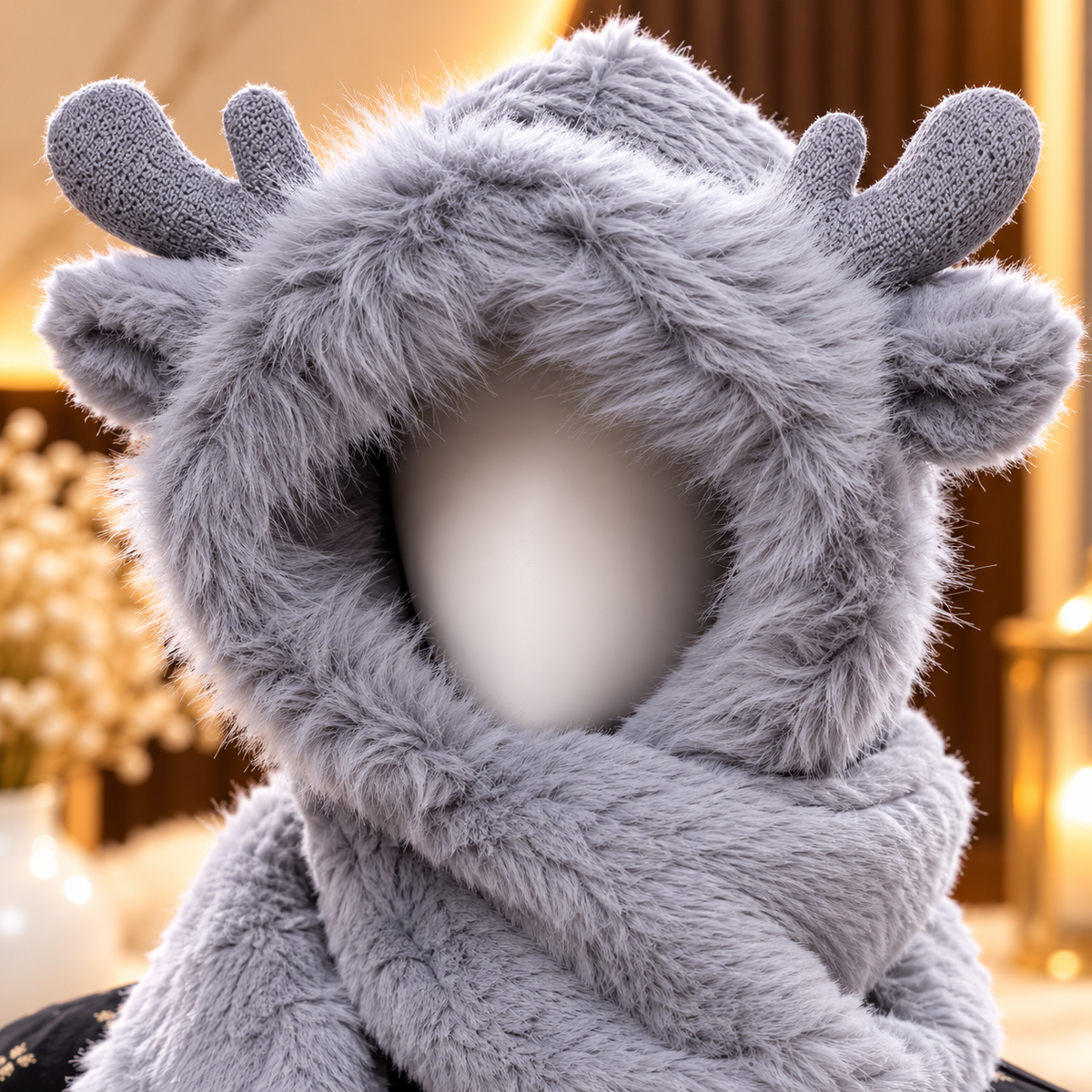 Faux Fur Teddy Bear Hooded Cap with Neck Warmer - Grey