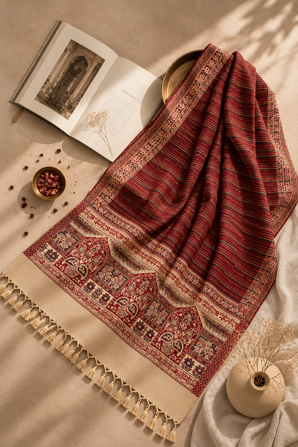 Winter woollen close strip design stole - Maroon