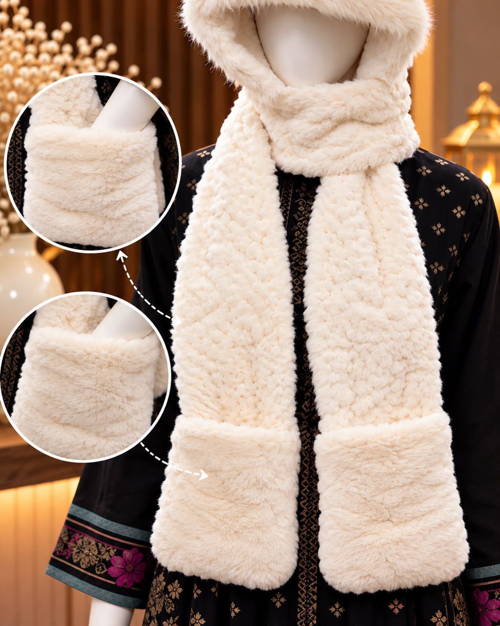 Faux Fur Teddy Bear Hooded Cap with Neck Warmer - White