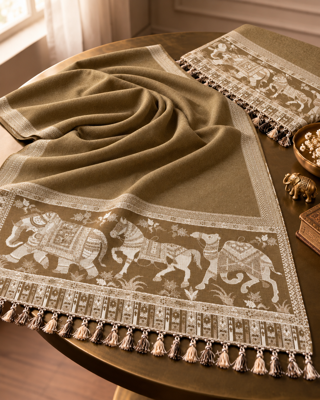 Woollen Ethnic Stole With Zari thread Work - Camel