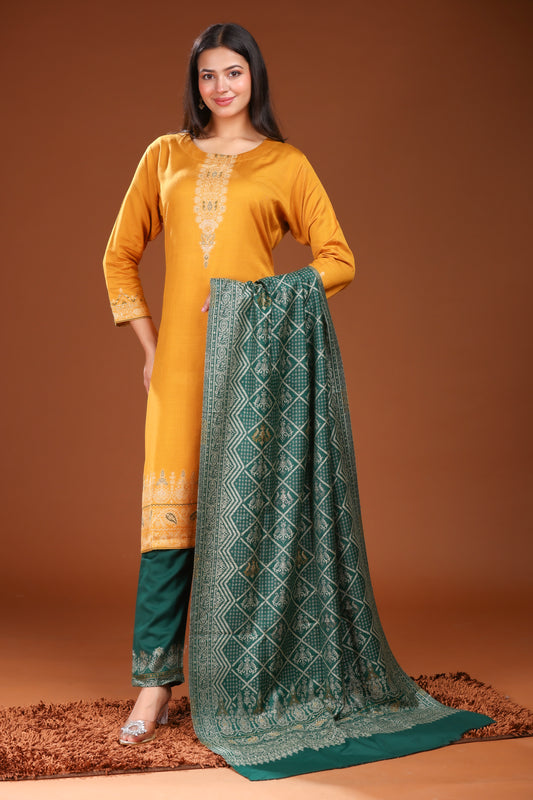 KRITI Woolen Unstitched Winter Suit Set Weave Design Mustard Color For Women