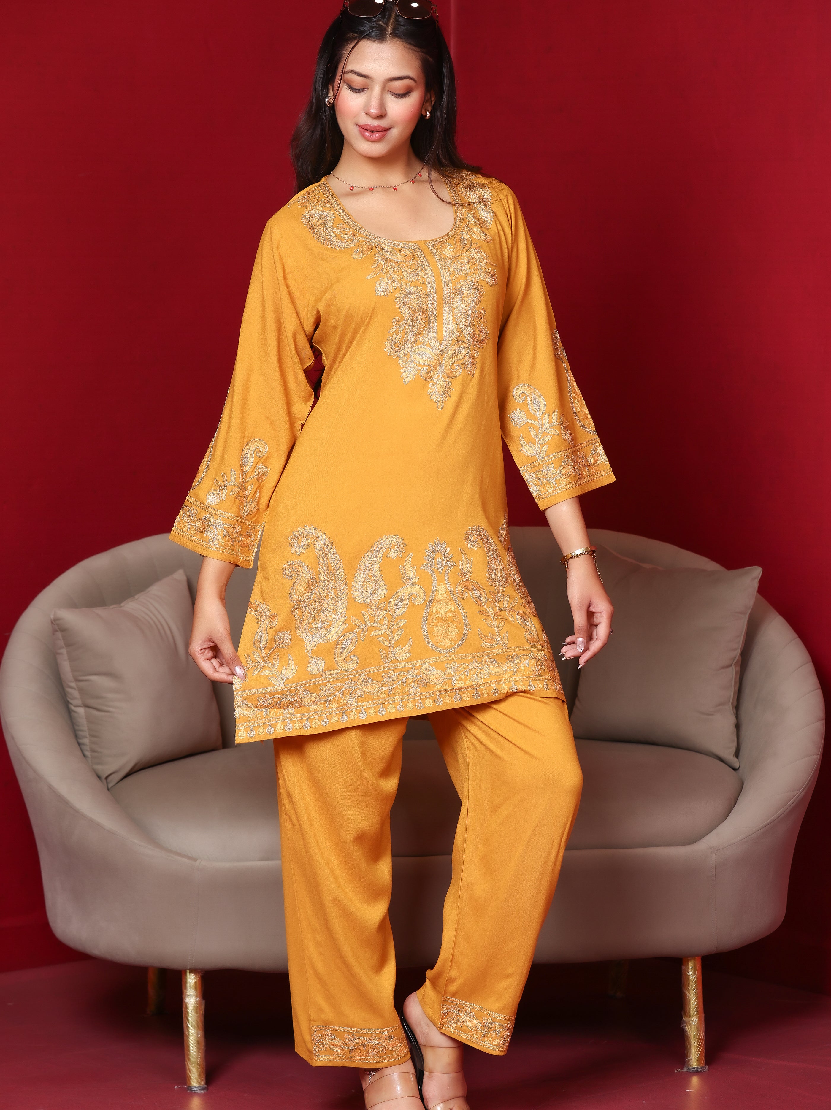 Kashmiri Embroidered Rayon Co-Ord Set - Mustard