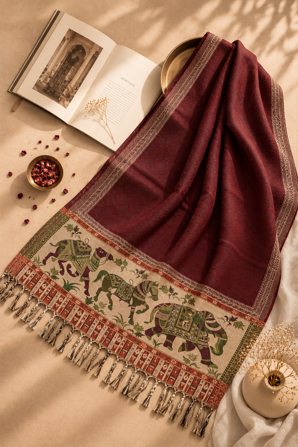 Woollen Ethnic Stole With Zari thread Work - Wine