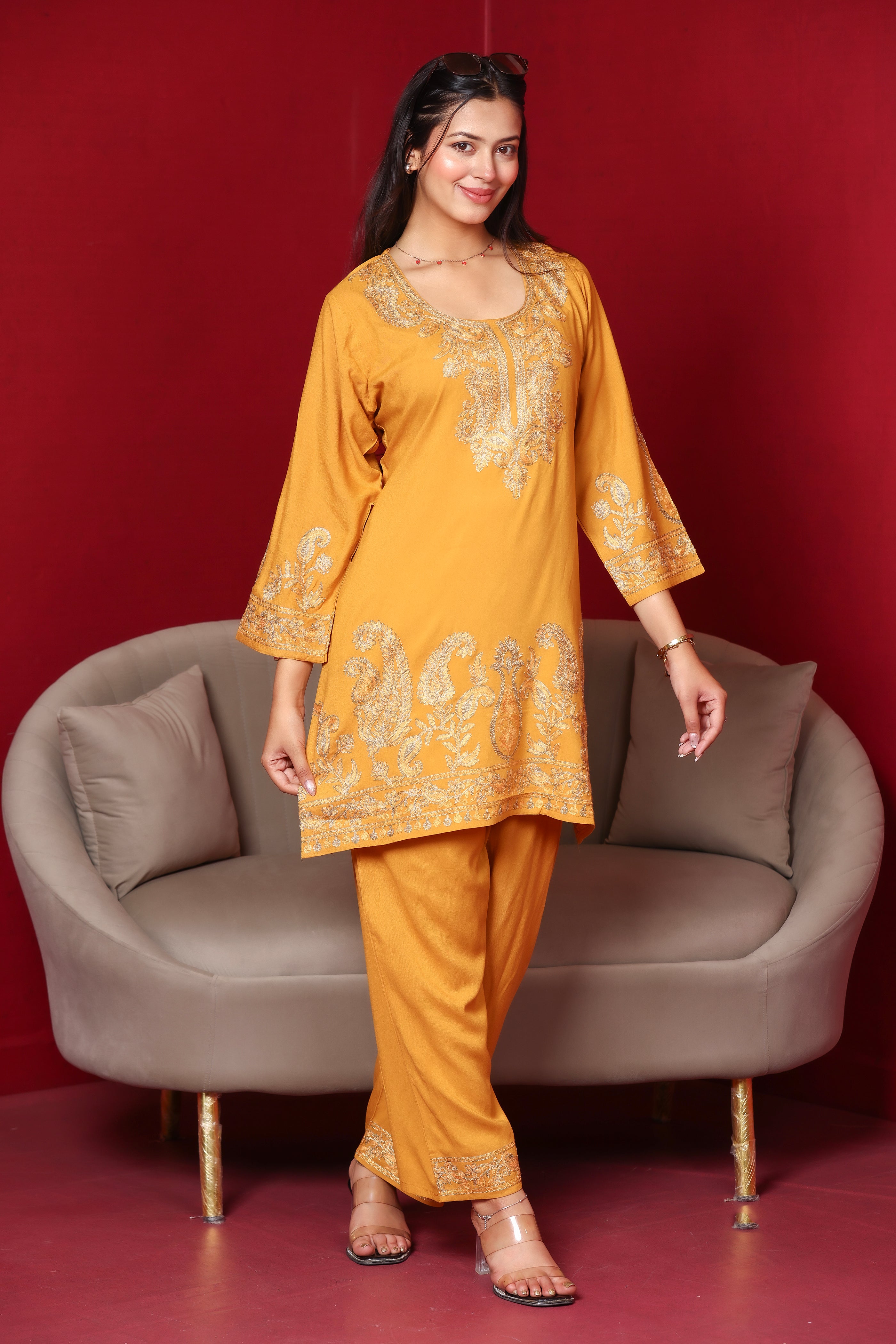 Kashmiri Embroidered Rayon Co-Ord Set - Mustard