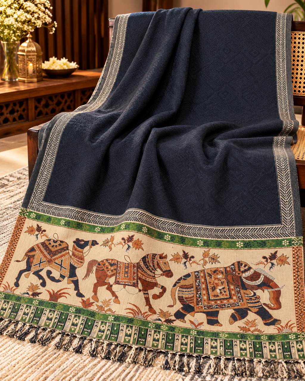 Woollen Ethnic Stole With Zari thread Work - Black