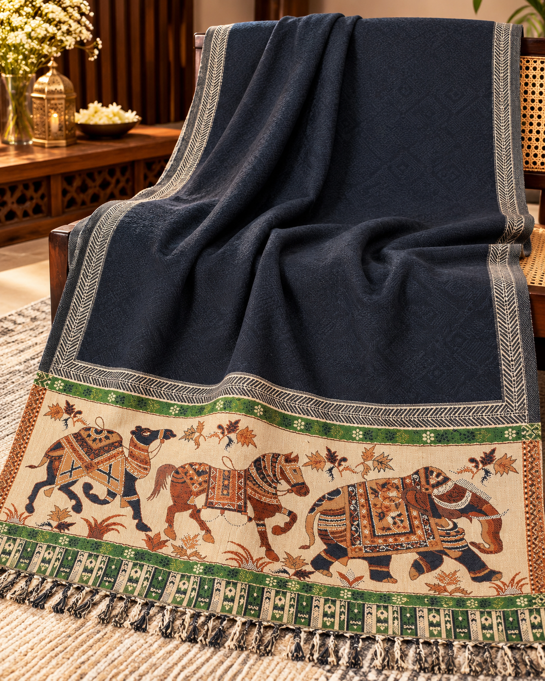 Woollen Ethnic Stole With Zari thread Work - Black