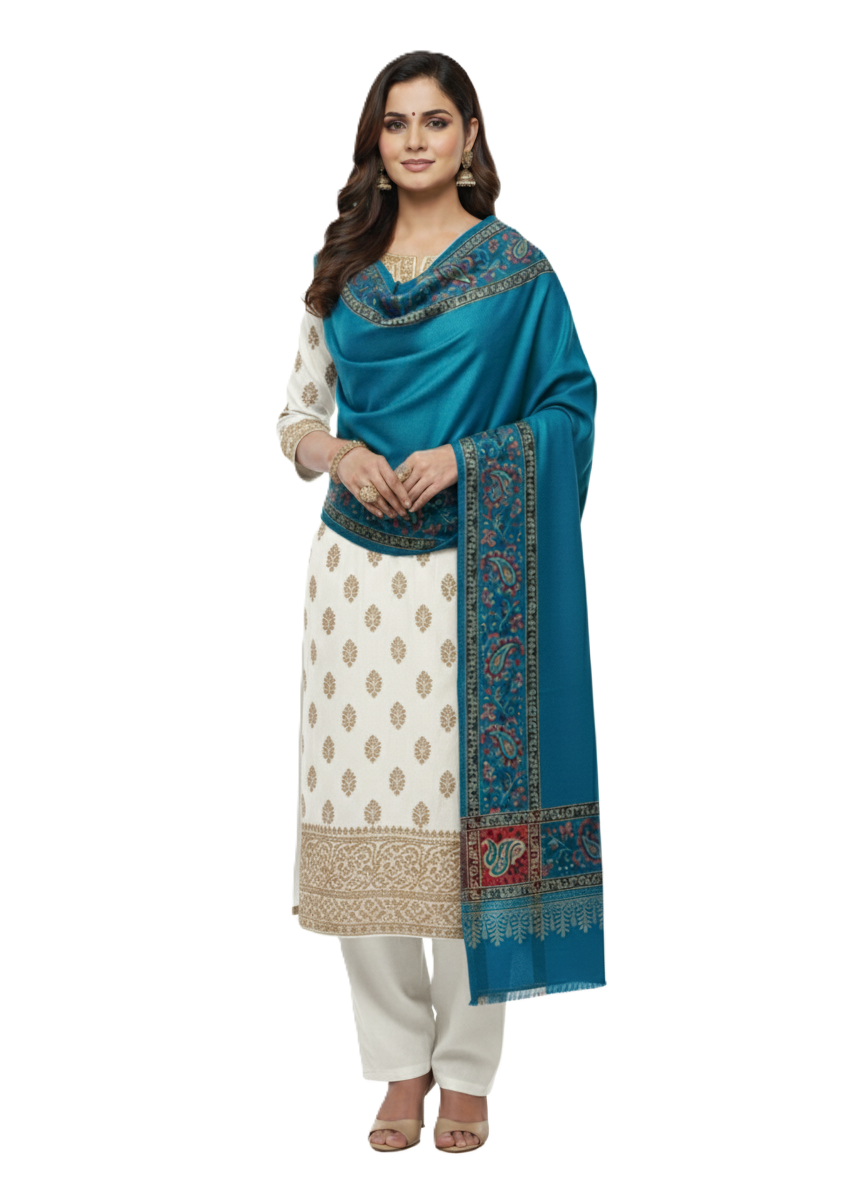 KRITI Border Design Woolen Turquoise Color Shawl for Women