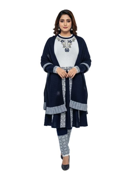 KRITI Winter Embroidery 3 PC Kurti Set Navy Color For Women