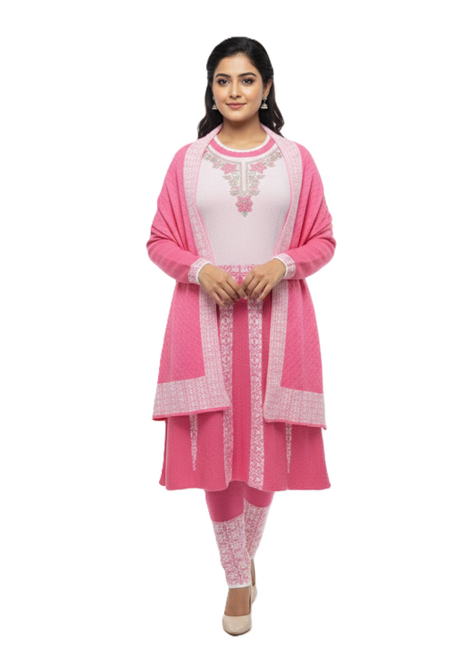 KRITI Winter Embroidery 3 PC Kurti Set Pink Color For Women