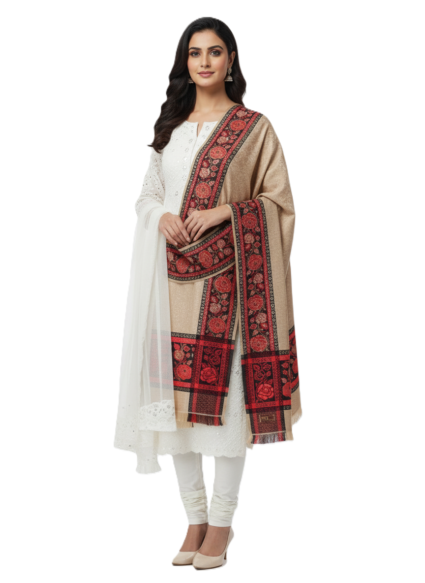KRITI Border Design Woolen Camel Color Shawl for Women