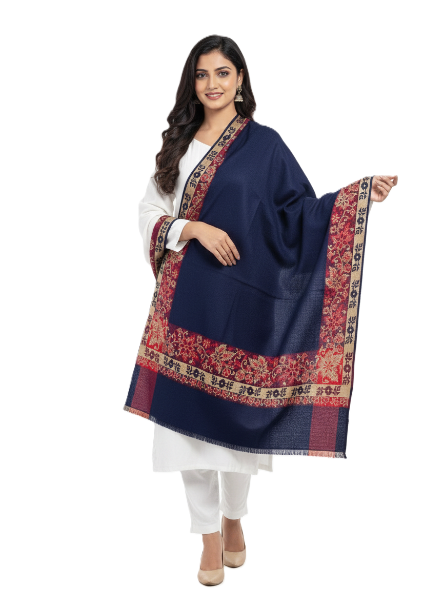 KRITI Border Design Woolen Navy Blue  Color Shawl for Women
