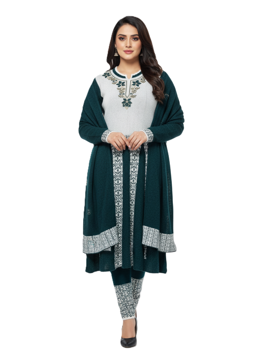 Winter Embroidered 3 PC Kurti Set - Teal