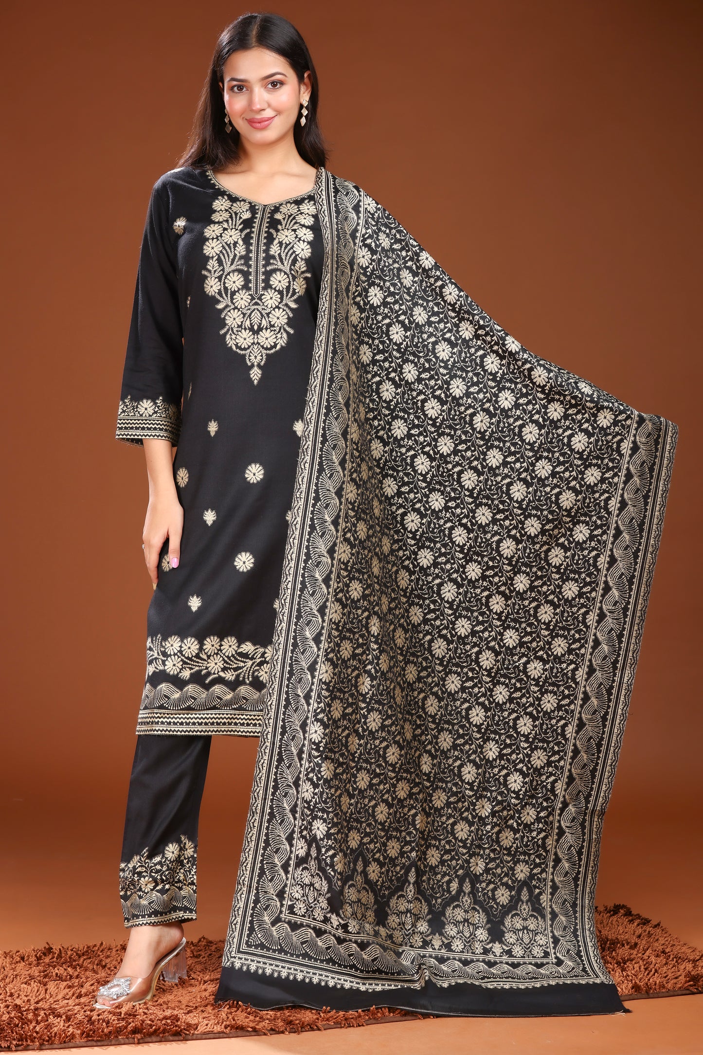 KRITI Woolen Unstitched Suit Set Weaving Design Black Color For Women