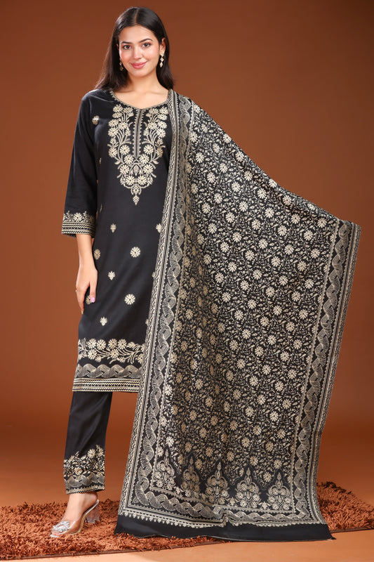 KRITI Woolen Unstitched Suit Set Weaving Design Black Color For Women