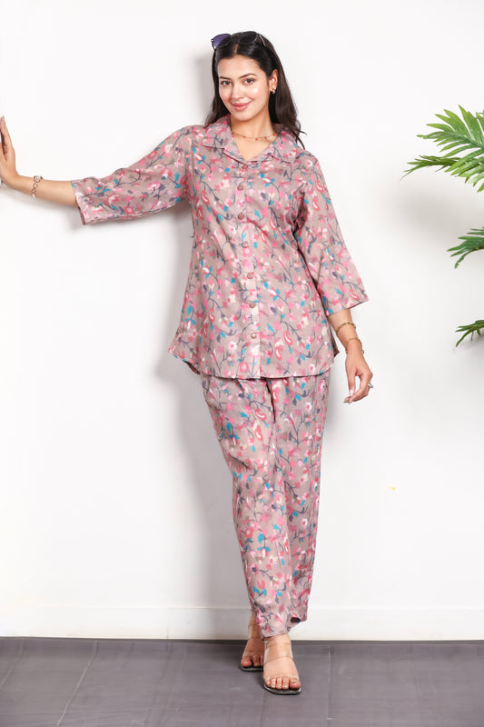 Floral Printed Rayon Cotton Co-Ord Set - Camel