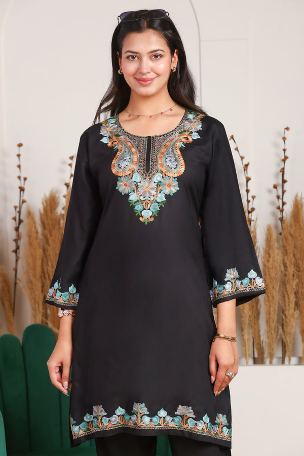 Black Kashmiri Embroidered Rayon Cotton Co-Ord Set