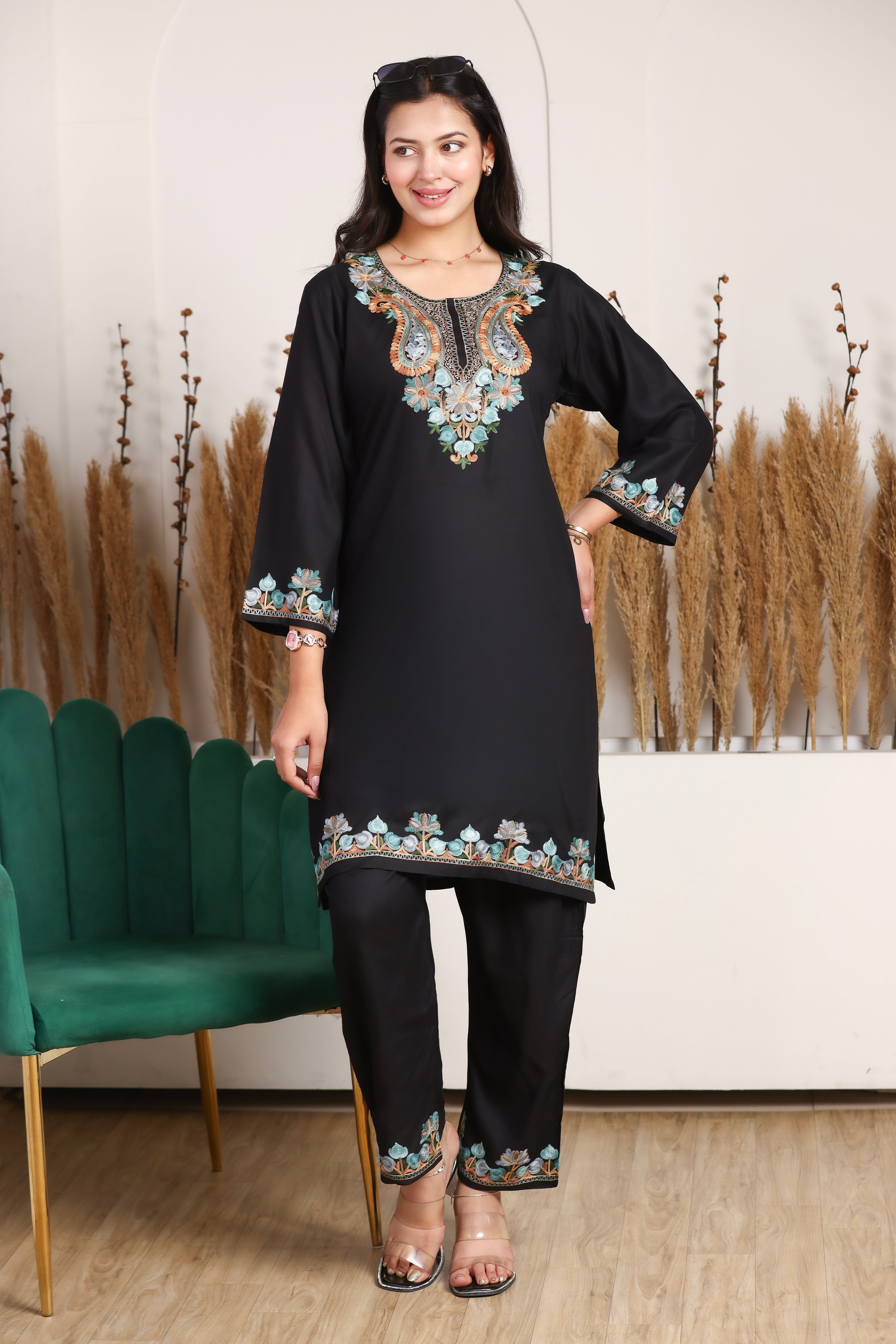 Black Kashmiri Embroidered Rayon Cotton Co-Ord Set