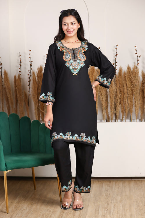 Black Kashmiri Embroidered Rayon Cotton Co-Ord Set
