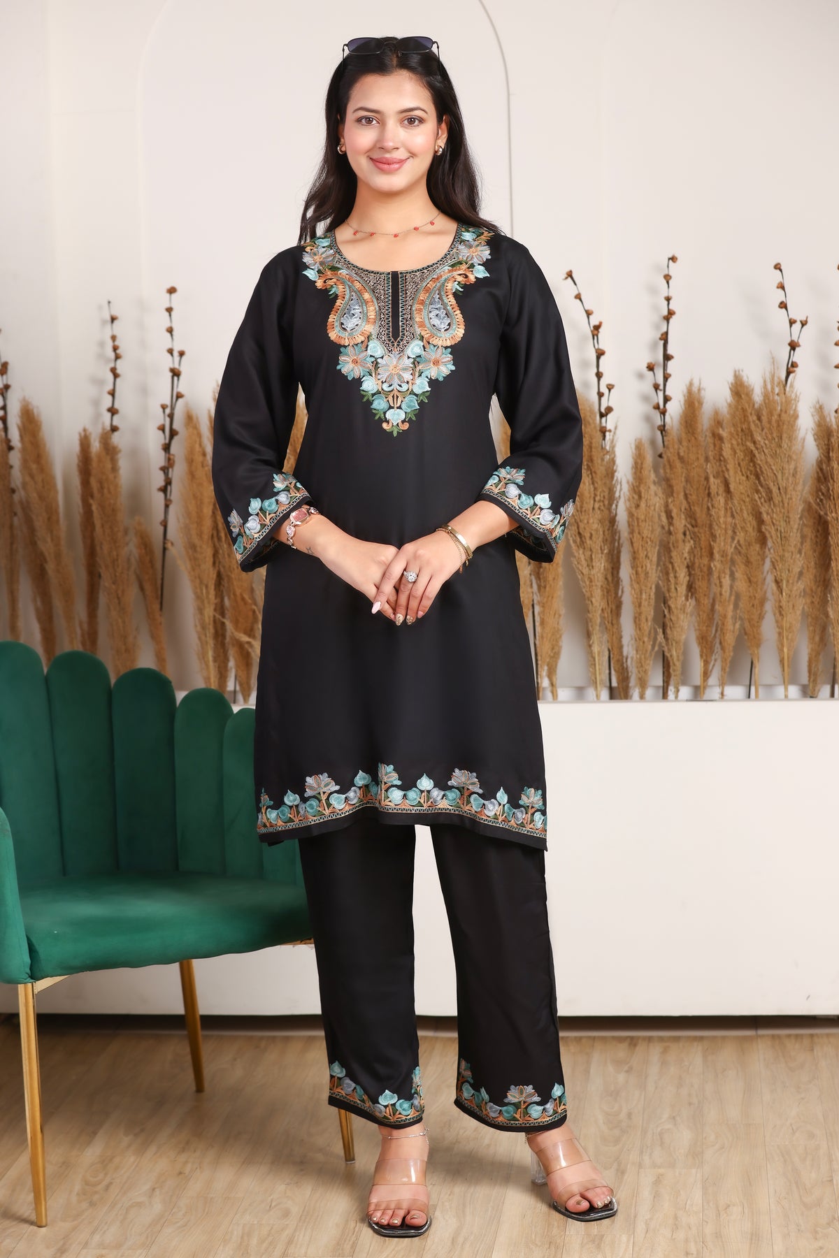 Black Kashmiri Embroidered Rayon Cotton Co-Ord Set
