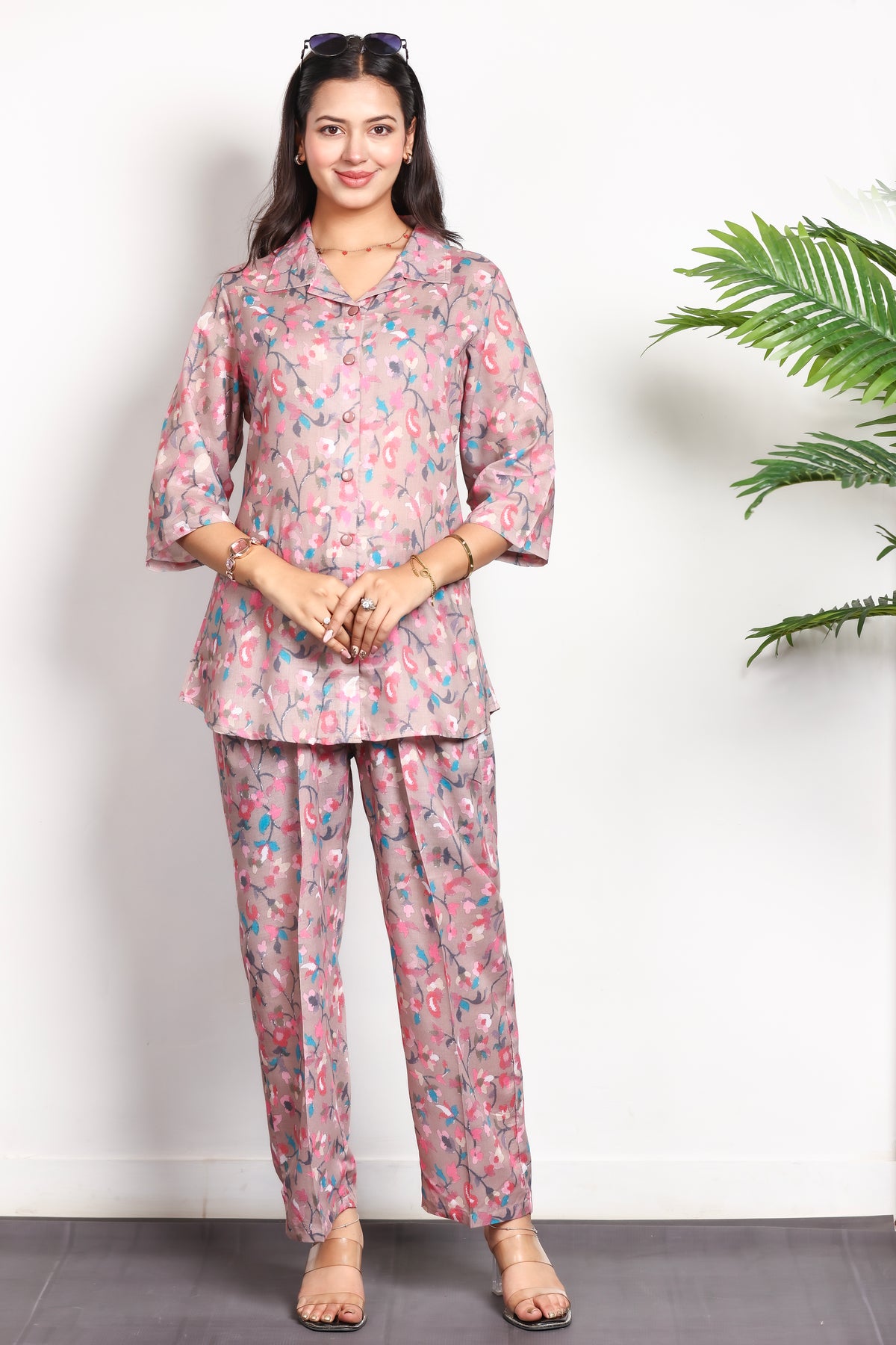 Floral Printed Rayon Cotton Co-Ord Set - Camel