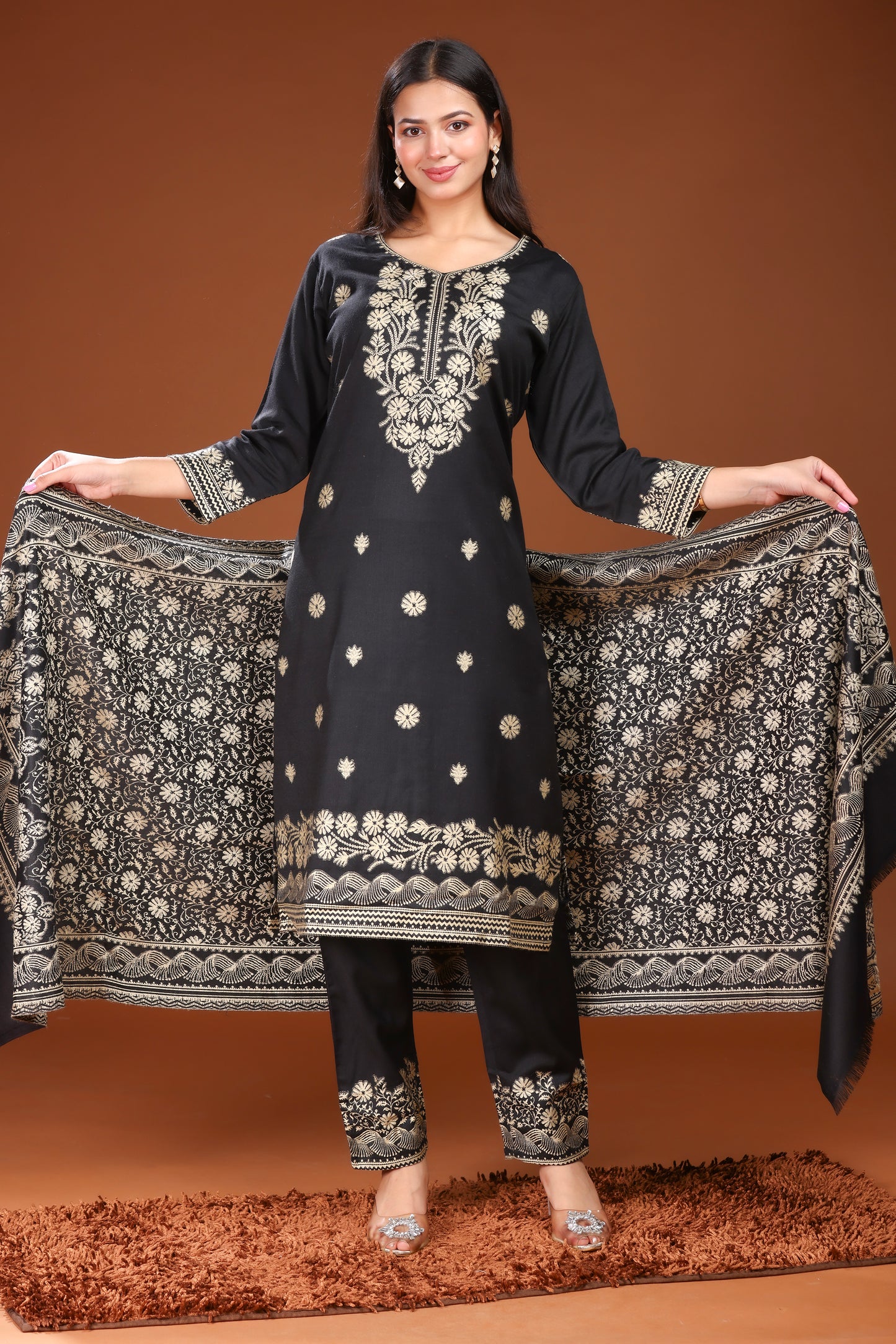KRITI Woolen Unstitched Suit Set Weaving Design Black Color For Women