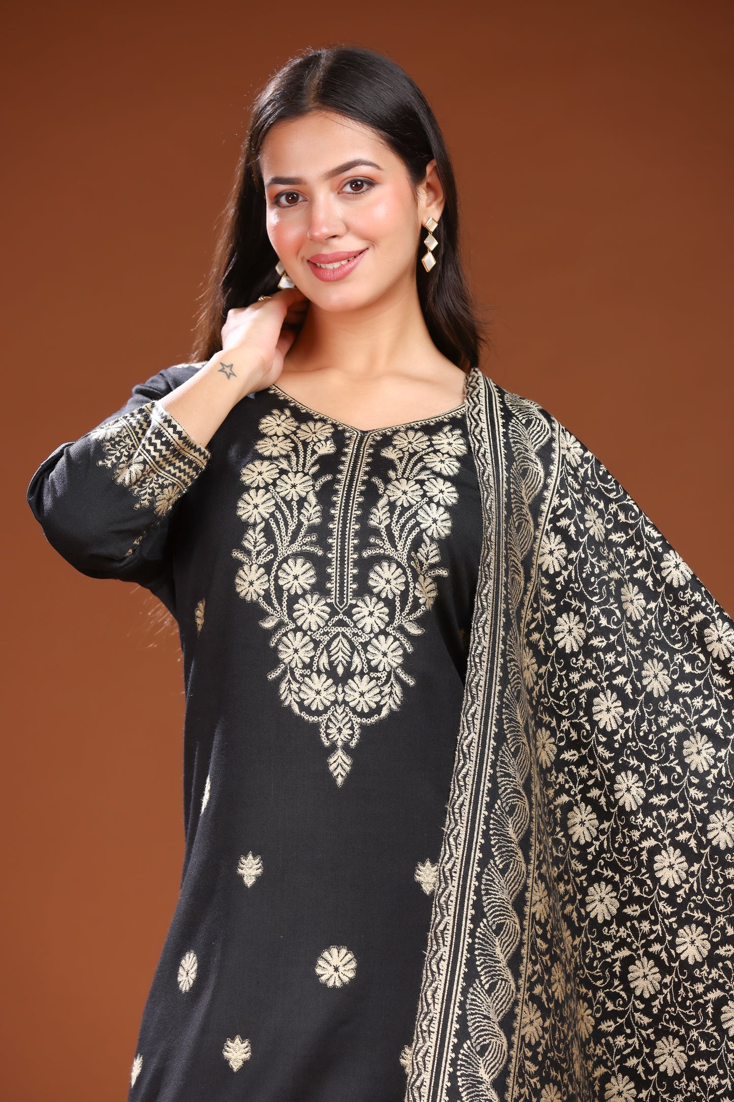 KRITI Woolen Unstitched Suit Set Weaving Design Black Color For Women
