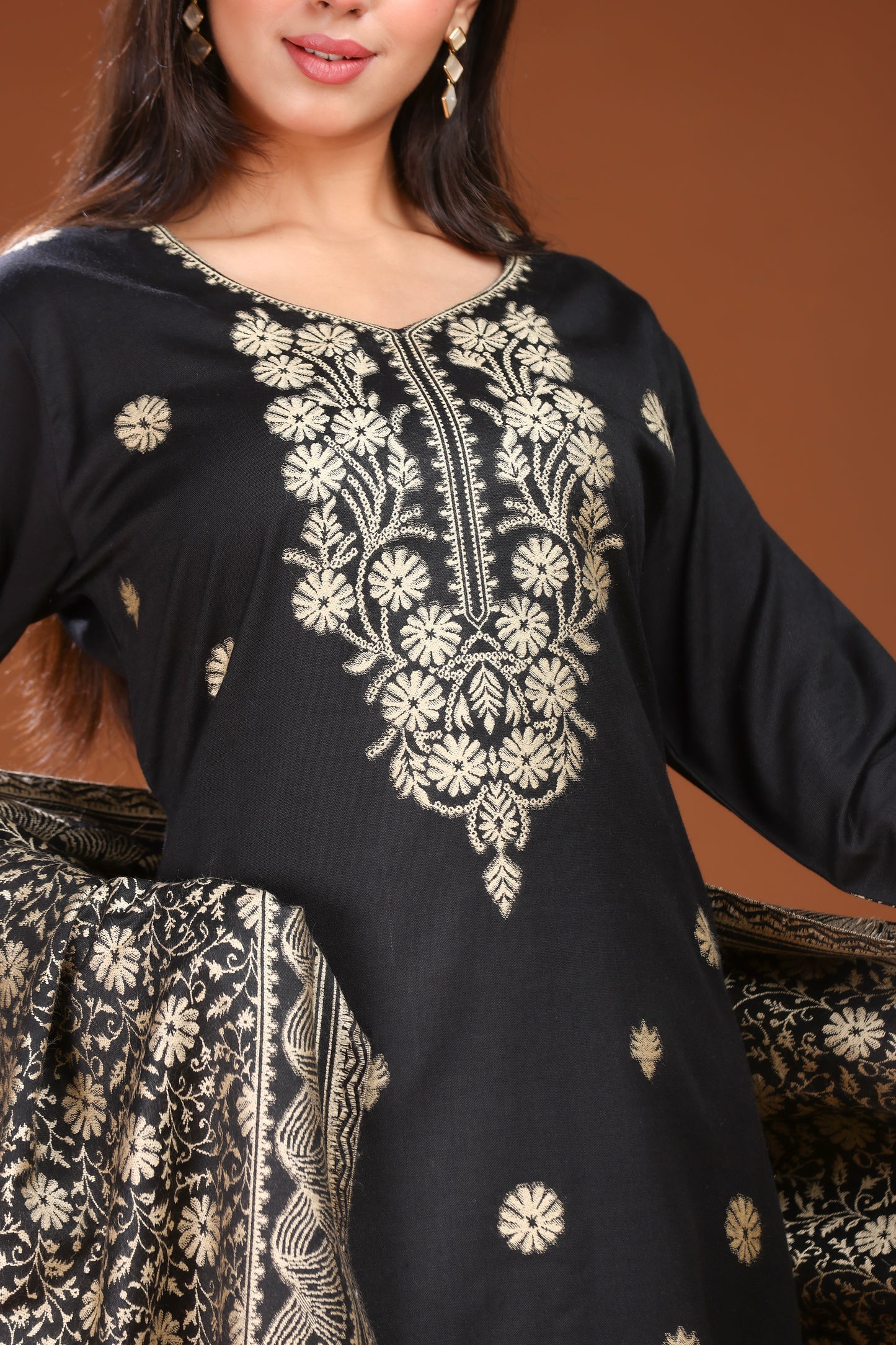 KRITI Woolen Unstitched Suit Set Weaving Design Black Color For Women
