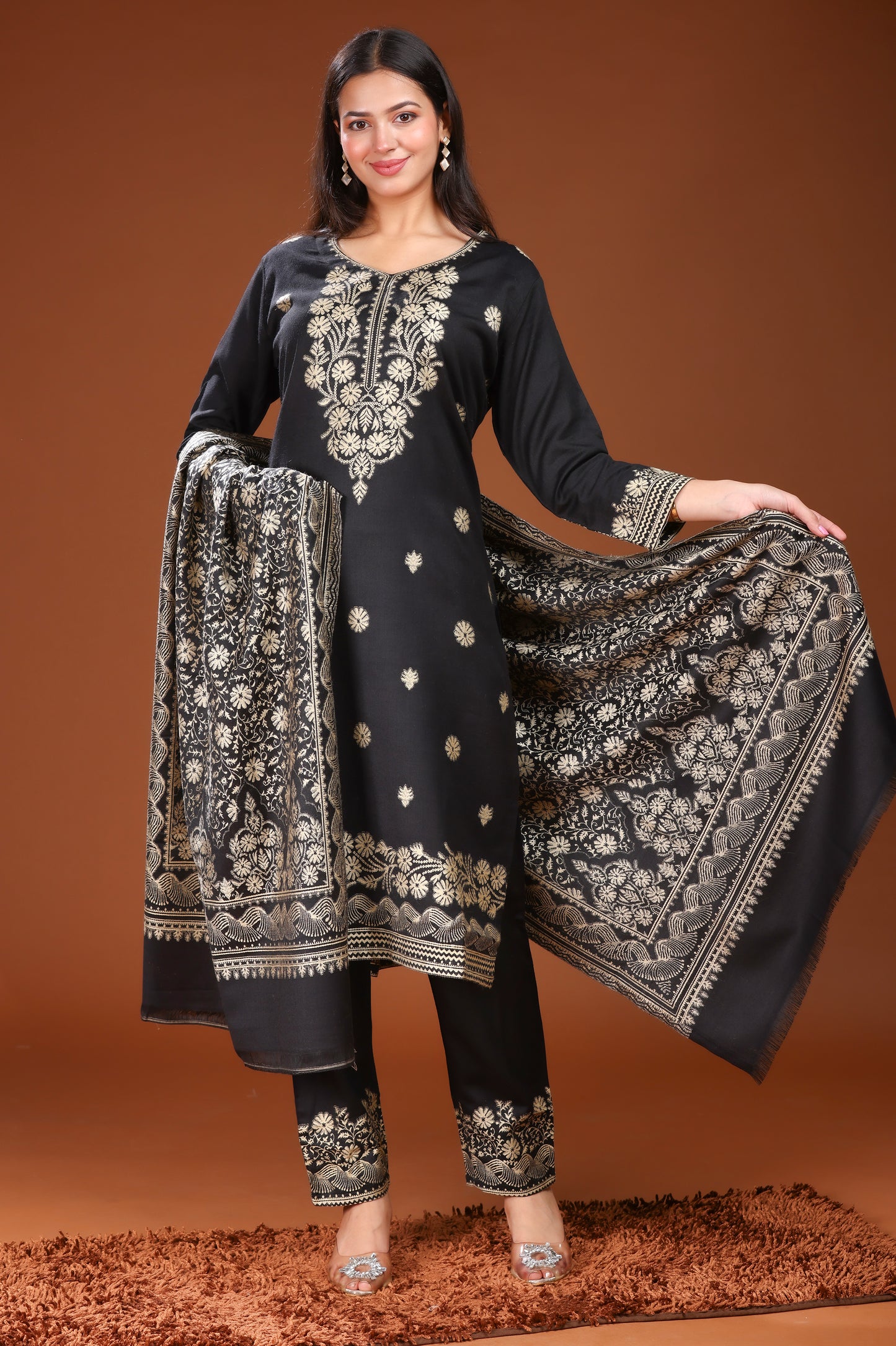 KRITI Woolen Unstitched Suit Set Weaving Design Black Color For Women