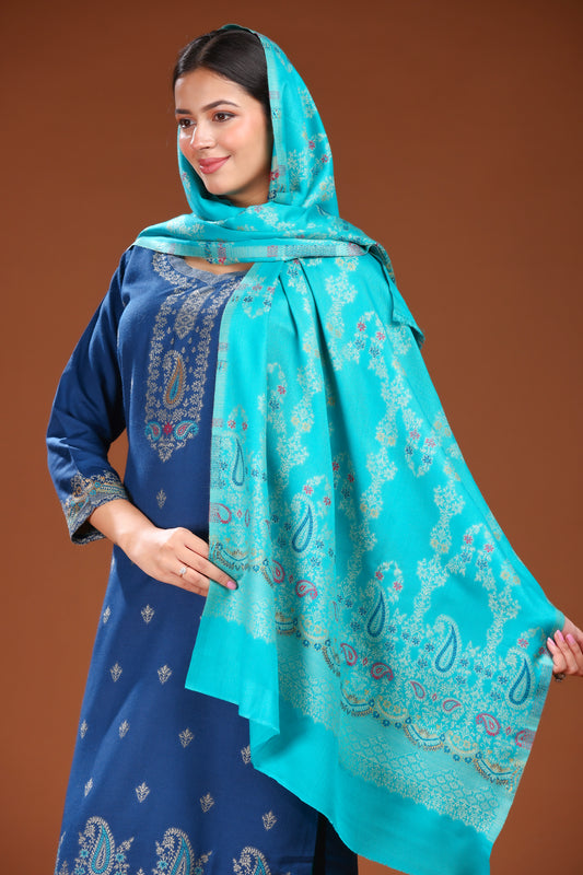 KRITI Woolen Unstitched Winter Suit Set Weaving Design Blue Color For Women