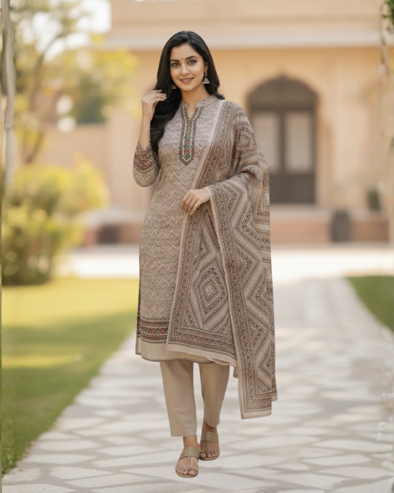 महिलाओं के लिए कृति विंटर वूलन अनस्टिच्ड सूट पीच रंग