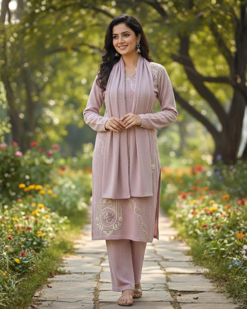 Woollen 3-Piece Embroidered Kurti Set- Mauve