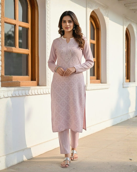 KRITI Women’s Woollen 3-Piece Embroidered Kurti Set with Bottom & Stole – Premium Winterwear | Soft Knitted Kurti, Bottom & Stole Suit Set Mauve Color | M-XXL Size