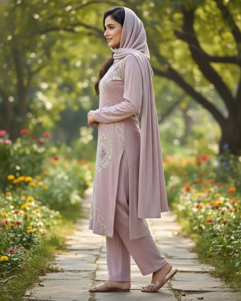 Woollen 3-Piece Embroidered Kurti Set- Mauve