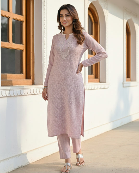 KRITI Women’s Woollen 3-Piece Embroidered Kurti Set with Bottom & Stole – Premium Winterwear | Soft Knitted Kurti, Bottom & Stole Suit Set Mauve Color | M-XXL Size