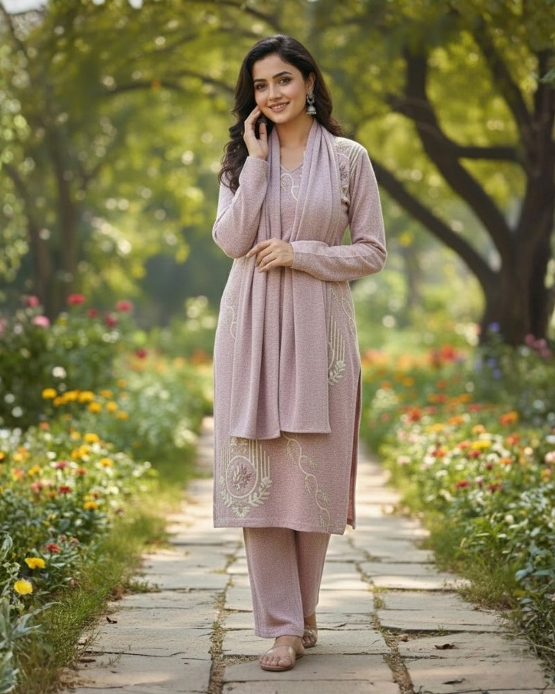 Woollen 3-Piece Embroidered Kurti Set- Mauve