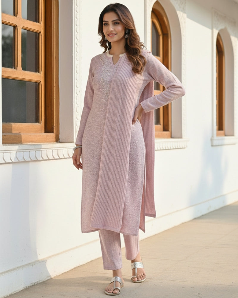 KRITI Women’s Woollen 3-Piece Embroidered Kurti Set with Bottom & Stole – Premium Winterwear | Soft Knitted Kurti, Bottom & Stole Suit Set Mauve Color | M-XXL Size