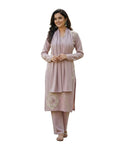 Woollen 3-Piece Embroidered Kurti Set- Mauve